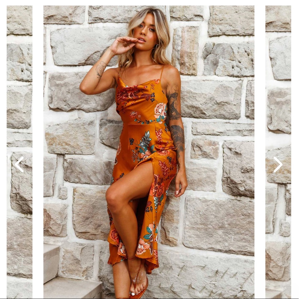 Selfie Leslie Suki Front Split Midi Dress Oriental Floral Print Mustard